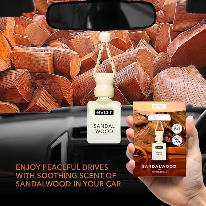 Evair Sandalwood Scent For Car Air Freshener | Hanging Air Fresheners with Wooden Diffuser - Long Lasting Fragrance from Essential Oil