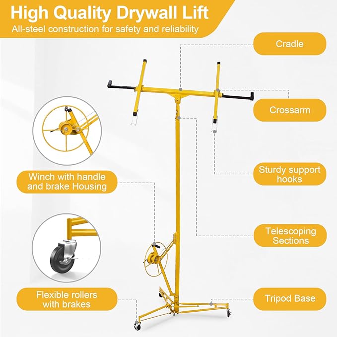 11FT Drywall Lift Sheetrock Lift, 150LBS Capacity, Drywall Lift Panel Hoist with Black Telescopic Arm, Drywall Jack Lift with 3 Lockable Wheels for Home Improvement, 4'x16' Panel Size, Yellow
