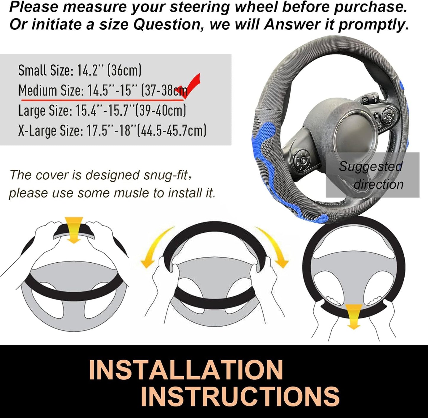 PINCTROT Comfy Grip Steering Wheel Cover, Anti-Slip Design, Universal 14.5-15 Inch(Silicone Blue)