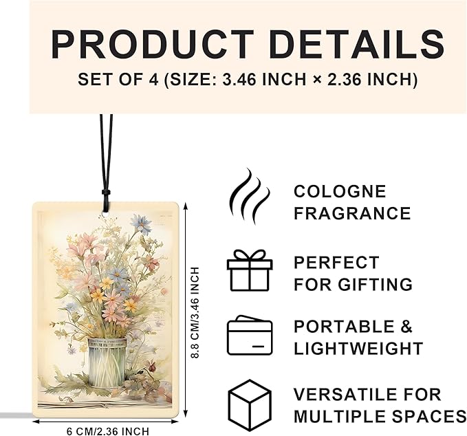 Folk Art Wildflowers Car Air Freshener 4 Pcs, Cottagecore Flower Hanging Air Freshener for Cars Closet Drawer Books, Cottagecore Flower Car Accessories Mirror Decor for Women