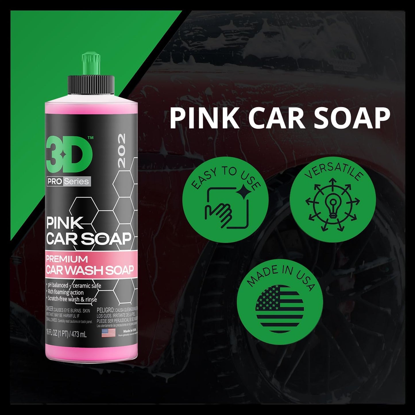 3D Pink Car Soap – 16 oz |pH Neutral Car Wash Soap with High Suds & Cherry Scent | Scratch-Free, High Gloss Shine | Safe on Wax & Sealants | Weekly Car Care