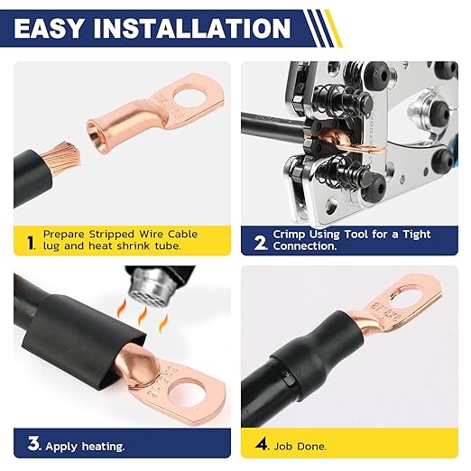 haisstronica 10pcs 1/0 AWG - 1/4"(M6) Battery Cable Lugs, Heavy Duty Copper Wire Lugs with 10pcs 3:1 Adhesive Heat Shrink Tubing, 0 Gauge Wire Connectors Battery Terminal Connector, Battery Cable Ends