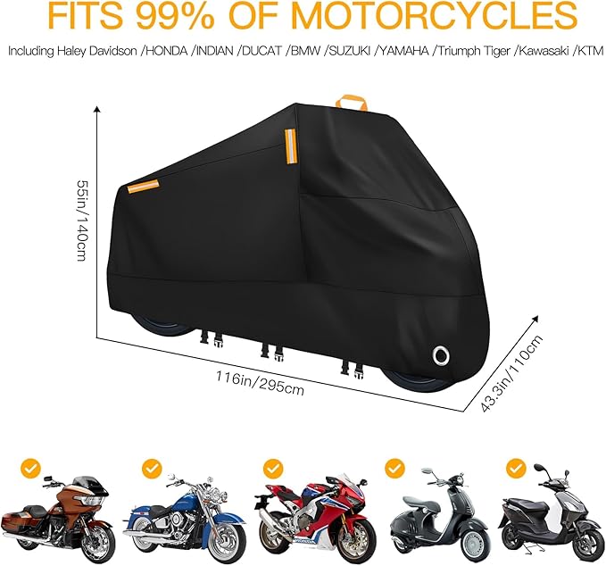 300D Heavy Duty Motorcycle Cover - All Season Waterproof Outdoor Protection with Lock-Holes, Night Reflective & Storage Bag Fits up to 116" Cruiser, Touring, Sportbike, Dirt Bike, Scooter