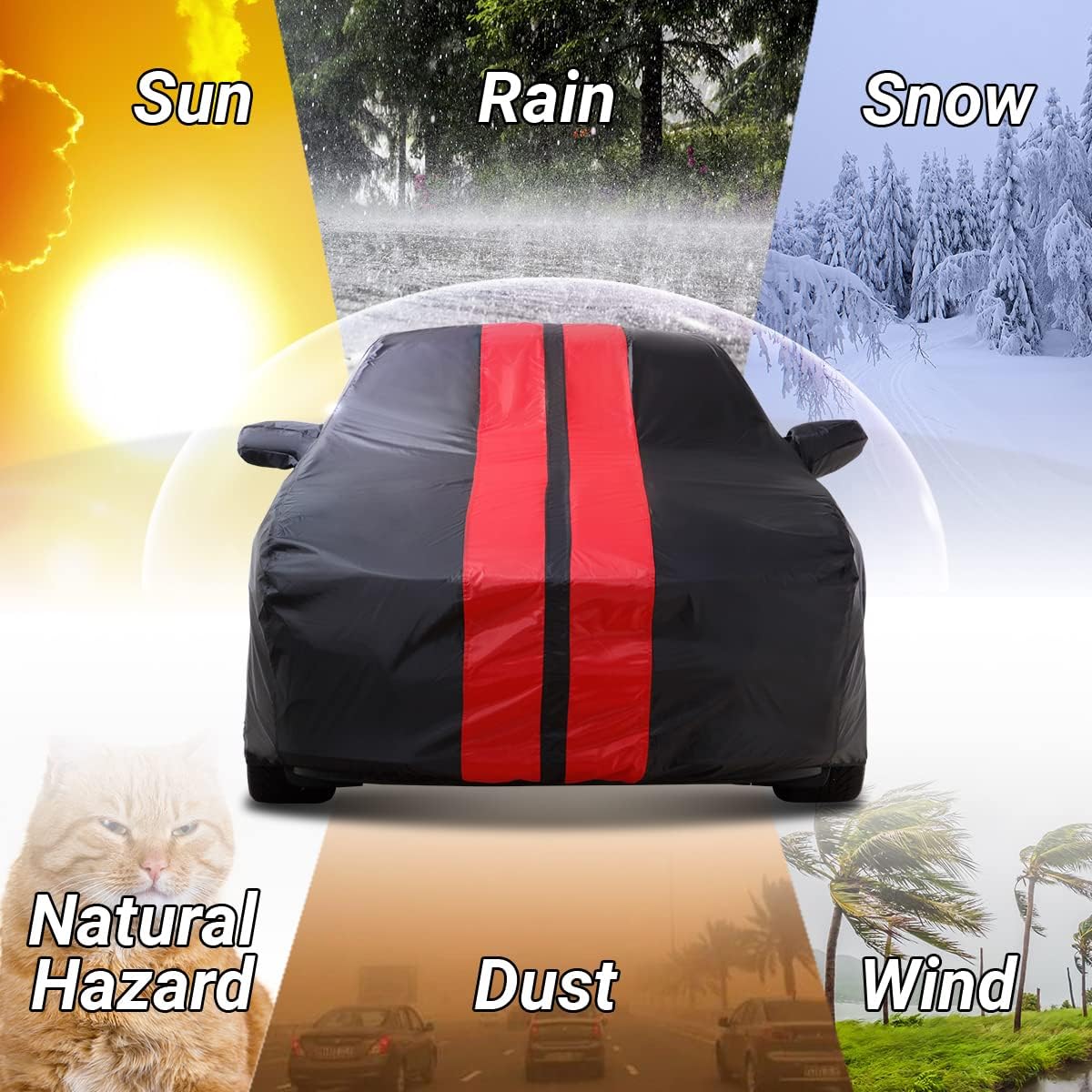 iCarCover Custom Car Cover Compatible with Mustang 1979-2004, Waterproof All Weather Rain Snow UV Sun Protector Full Exterior Indoor Outdoor Car Covers, Stripe (Black/Red)