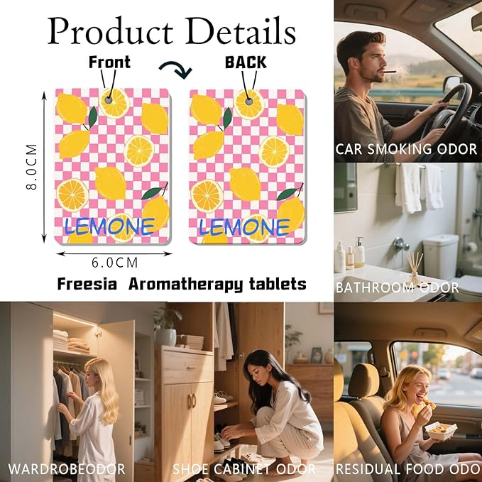 Checkered Fruit Car Air Freshener 4 Pcs, Lemon/Strawberry/Grape/Tomato Hanging Air Freshener for for Cars Closet Drawer Books, Decor for Car Accessories Mirror Decor for women.