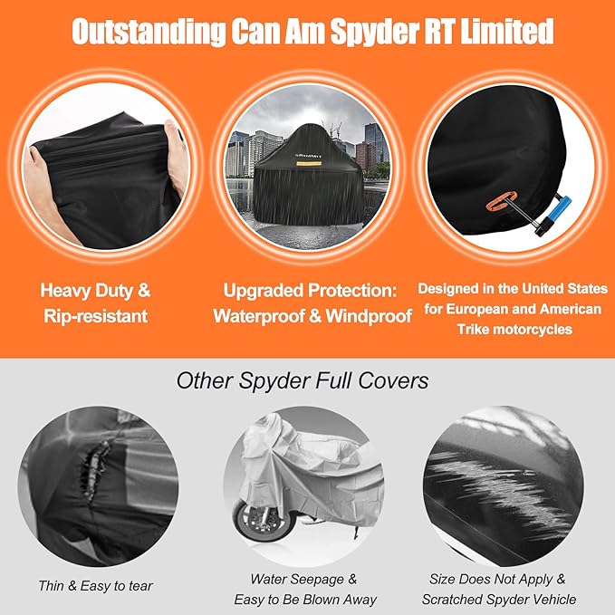 Can Am Spyder Cover Waterproof,Spyder Accessories Full Cover Compatible with Spyders RT Limited F3 S,420D Heavy Duty Oxford Fabric,3 Reflective Strips,Three Wheel Motorcycle Cover Outdoor Protection