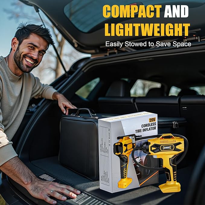160PSI Cordless Tire Inflator Compatiblew with Dewalt 20V Battery, Portable Air Compressor for Auto, Motorcycles, Bikes, Car Air Pump with Auto Shut-Off, LCD Display, LED Light, 4 Nozzles