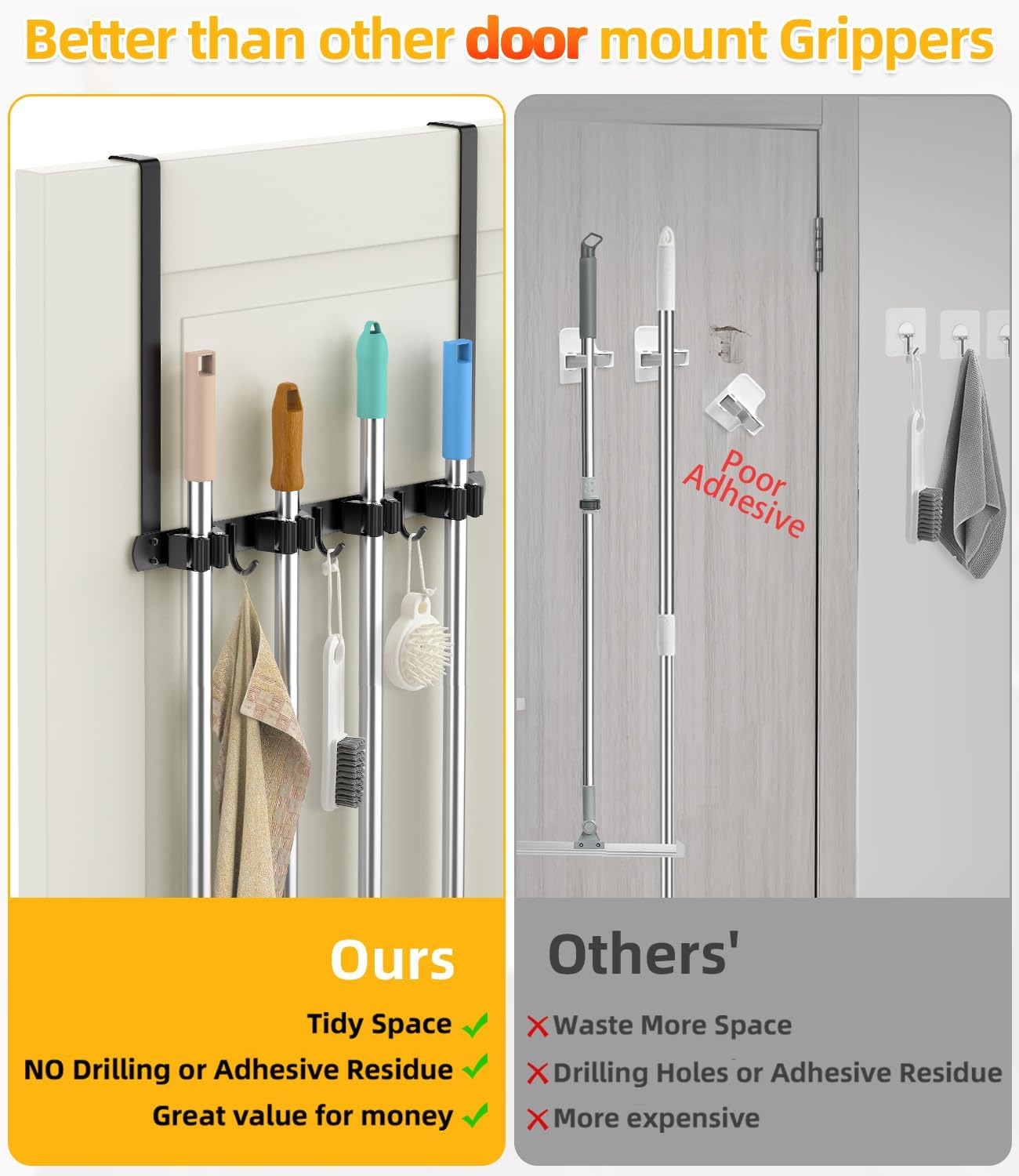 Broom Holder Over The Door - 304 Stainless Steel Mop and Broom Holder Wall Mounted or Hanging Over The Door with Hooks - Broom Hanger, Broom Storage Tool Organizer for Garage Closet Laundry