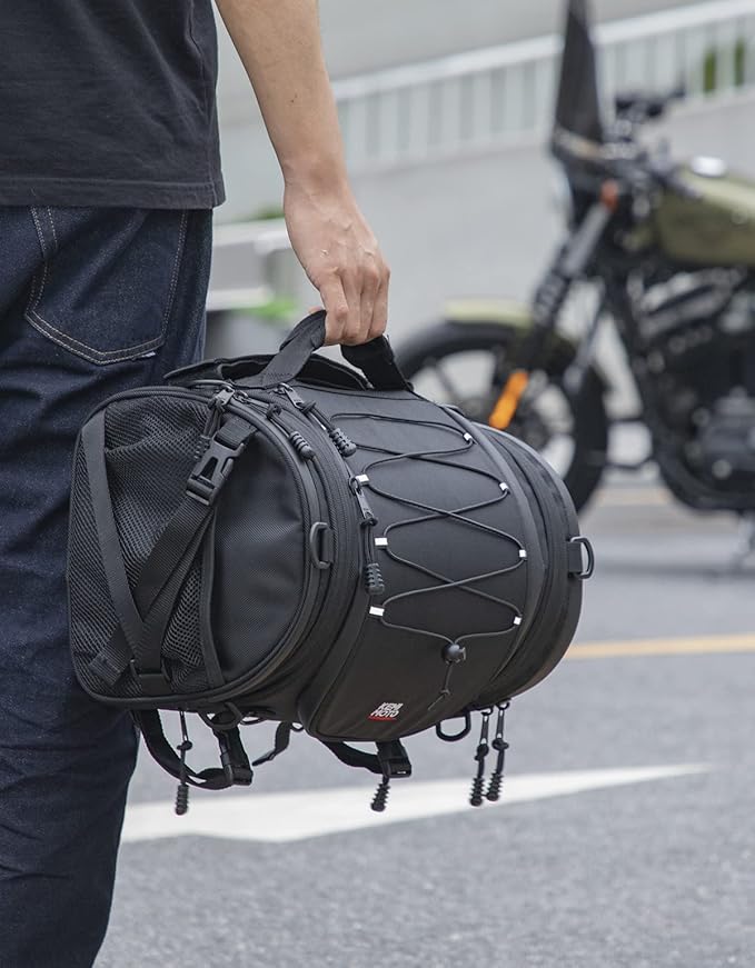 KEMIMOTO Motorcycle Motorcycle Tail Bags 18-20L Expandable Sissy Bar Bag Water-Resistant Rear Seat Roll Luggage Hard Shape with Rain Cover & 4 Straps