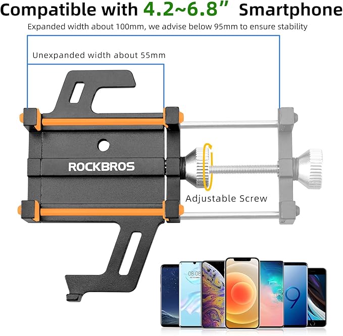 ROCKBROS Bike Phone Holder, Motorcycle Phone Mount, Anti-Shake Cell Phone Holder, 360° Adjustable for iPhone 16, 15 Pro Max/Plus, S9, S10 and More 4.7" to 7" Smartphones,Orange