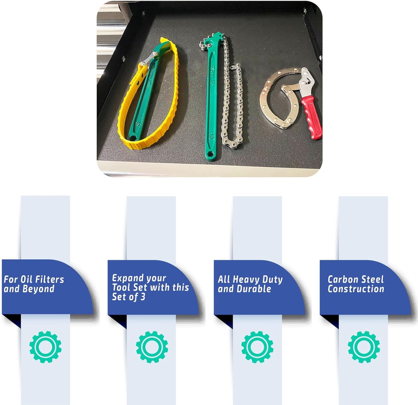 Rubber Strap Wrench - Oil Filter Wrench Set - 15 Inch Chain Wrench - Handcuff Wrench - Adjustable - Heavy Duty