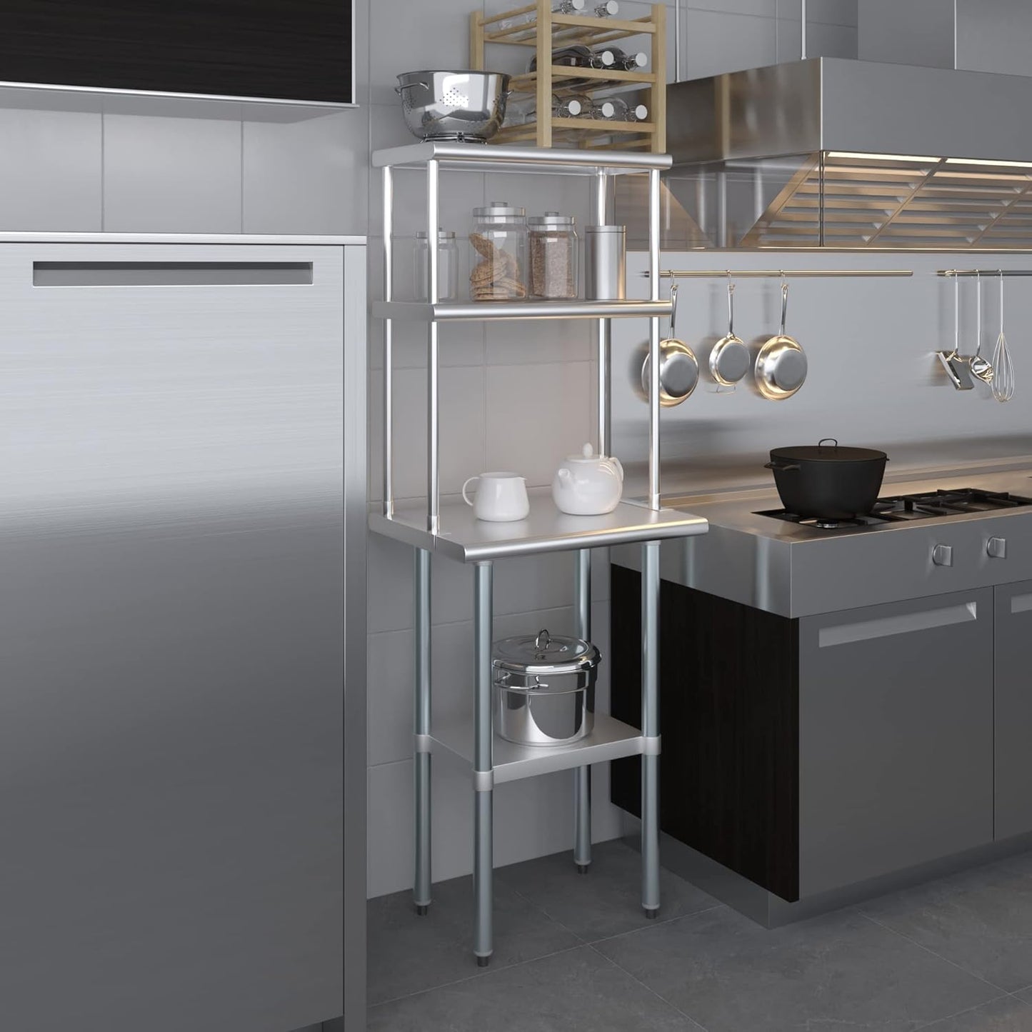 AmGood Stainless Steel Work Table Double Tier Overshelf | (18" x 24" Work Table + 12" Overshelf)