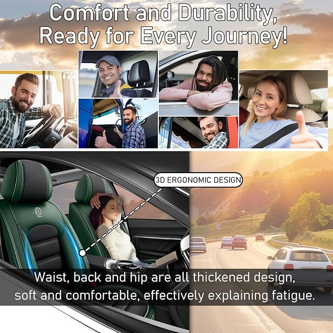 Car Seat Covers Fit for Toyota Highlander 2000-2025 | 7 Seat Car Seat Cover | No-Slip Waterproof Breathable Faux Leather Automotive Seat Covers Auto Interior Covers Black Green,Full Set