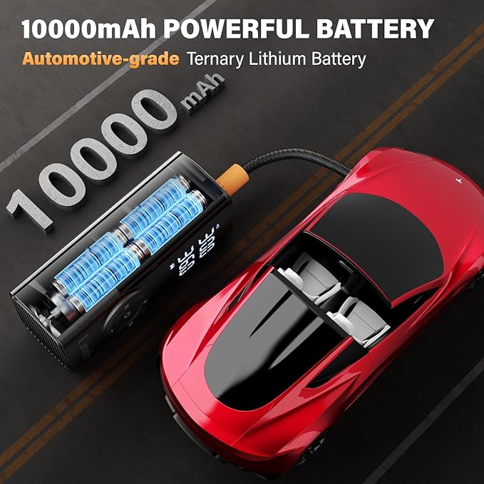 10000mha & 150 Psi Tire Inflator Portable Air Compressor - 12V Car Tire Air Pump Portable with Pressure Gauge - One Minute Fast Inflation, Ideal for Car, Motorcycle, Bicycle and More