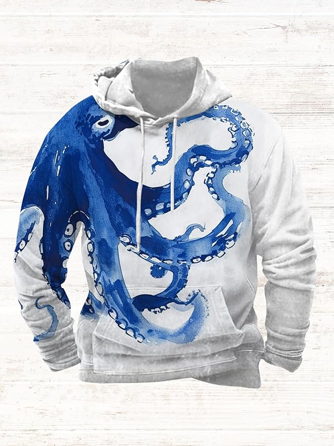Mens Animal Print Graphic Hoodies Casual Long Sleeve Japanese Art Style Hooded Sweatshirt Lightweight Pullover Tops