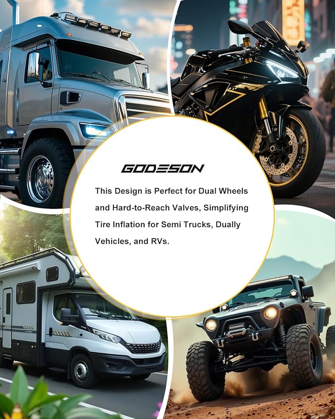 GODESON 15" Extended Reach Dual Head Air Chuck, 1/4" NPT Tire Inflator Nozzle with Quick Plug – Heavy Duty Air Compressor Chuck Kit for Semi, Truck, RV, Dually Tires, Close Flow Tire Chucks