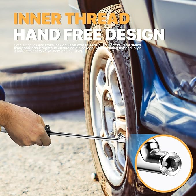 14" Extended Reach Dual Head Air Chuck, 2-Way Connection 1/4" FNPT Straight Lock On Tire Inflate Chuck, Tire Chuck with Standard Quick Plug, Air Compressor Fill Kit for Truck RV Semi Dually Tires