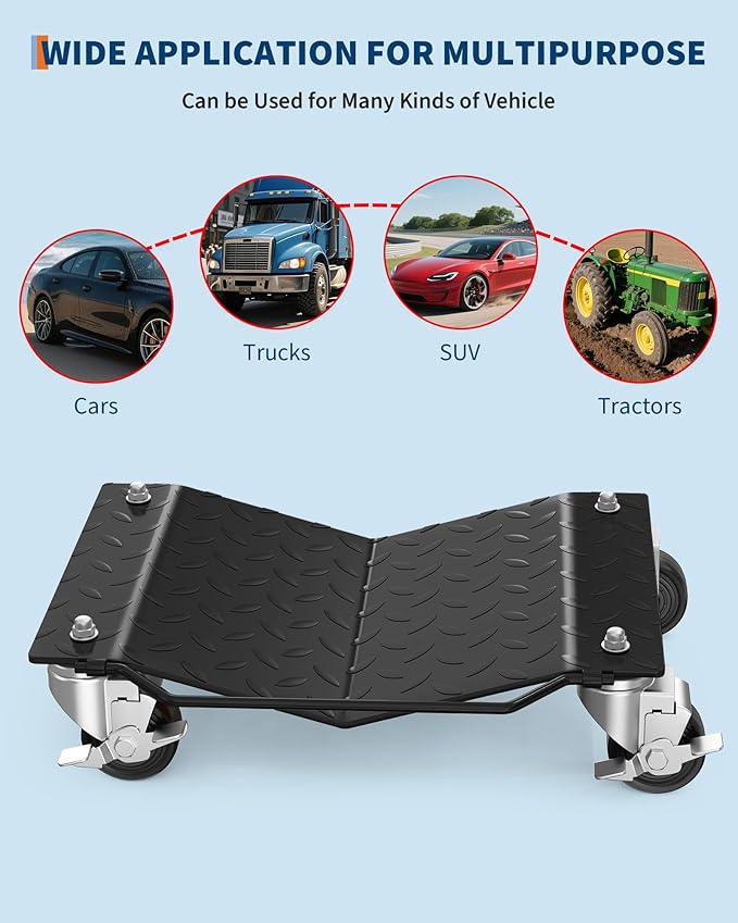 Car Wheel Dolly Set of 4,6000 LBS Capacity Heavy Duty Vehicle Mover Dolly with Brakes for Moving Cars, Trucks, Trailers and Motorcycles, Black