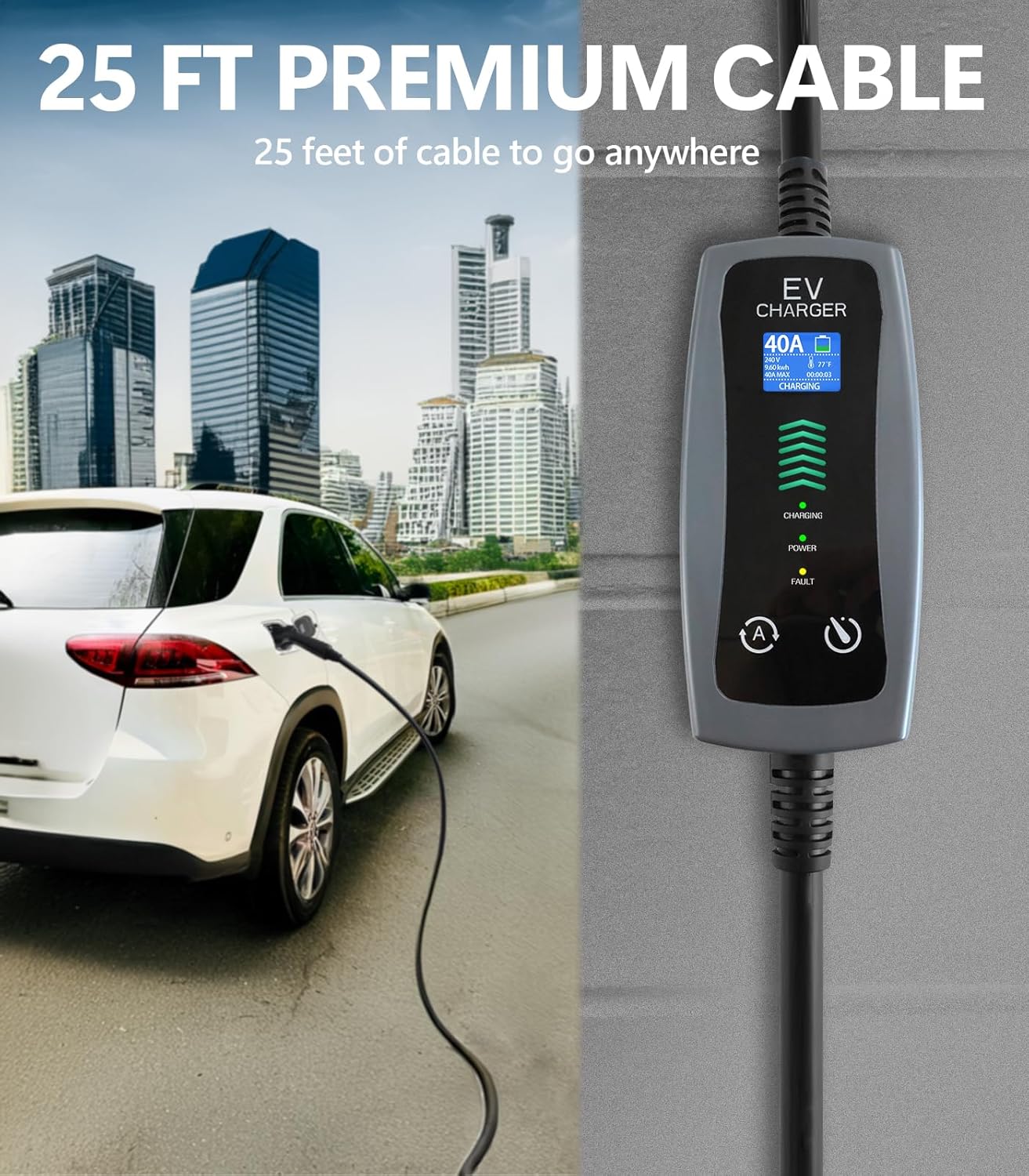 Level 2 Portable EV Charger, 16-40 Amp, 240V, 25ft Cable, Faster Charging Station, Compatible with All EV Cars, NEMA 14-50P