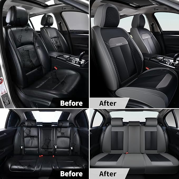 FLORICH 2 Pair Car Seat Covers, Luxury Leather Seat Covers Universal Anti-Slip Driver Seat Cover, Automotive Vehicle Seat Covers fit for Trucks Vans SUVs Sedans (2 Packs, Gary&Black)