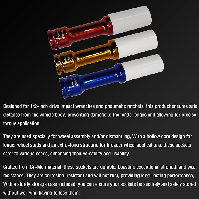 3Pcs Lug Nut Socket Set 1/2" Drive Impact Tools, Power Impact Lug Nut Socket, Non-marring & Extra-Long Thin Wall Wheel Protector Impact Deep Socket, Inch Sizes 17mm, 19mm, 21mm