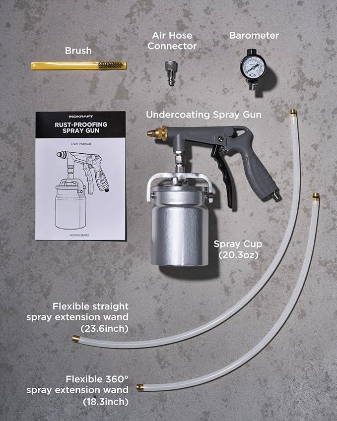 InoKraft Undercoating Spray Gun with Suction Feed Cup, 360° & Straight Spray Hoses, for Truck Bed Liner Coating, Rubberized Undercoat, Rust Proofing