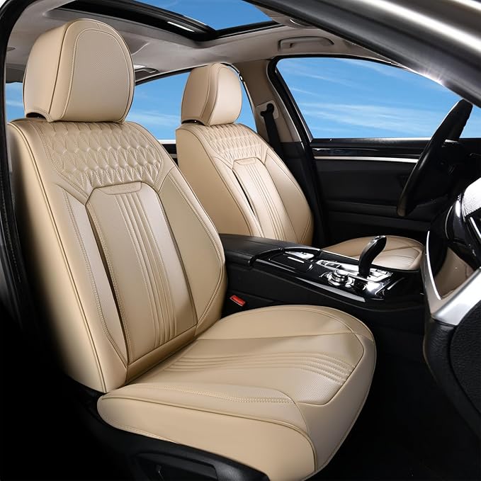 Coverado Seat Covers, Car Seat Covers Full Set, Beige Seat Cover, Front Seats Back Seat Cover, Waterproof Car Seat Cushion, Leather Car Seat Protector Universal Fit Most Cars