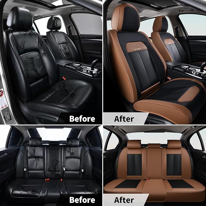 FLORICH Leather Car Seat Covers Full Set, Breathable Waterproof Nappa Leather Seat Covers, Gary Seat Covers, Automotive Interior Cover Universal for Cars SUV Truck Sedan - Light Coffee