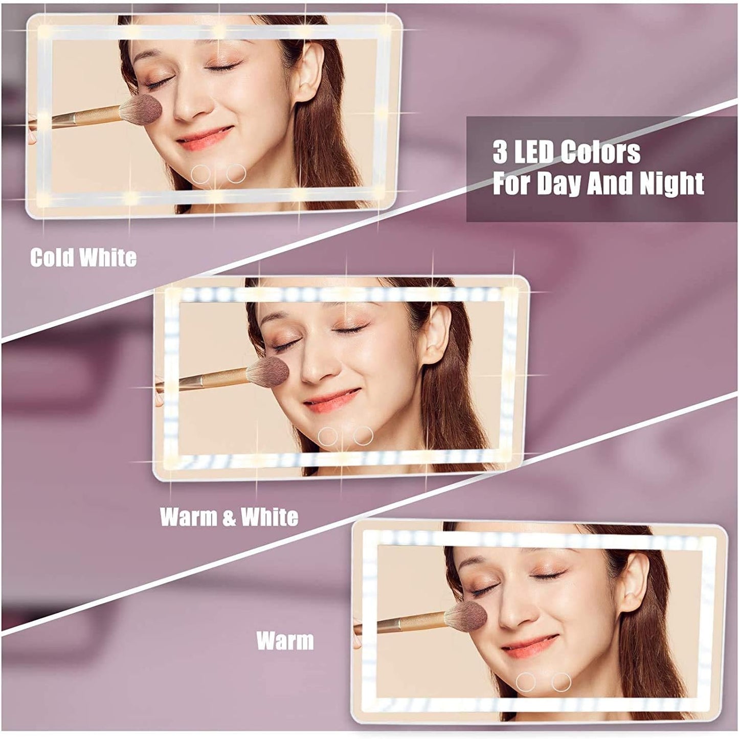 Car Sun Visor Vanity Mirror, Makeup Mirror with 3 Light Modes & 60 LEDs Rechargeable Led Light Car Mirror with Dimmable Touch Screen, Rear View Sun-Shading Travel Cosmetic (White,1 Pack)