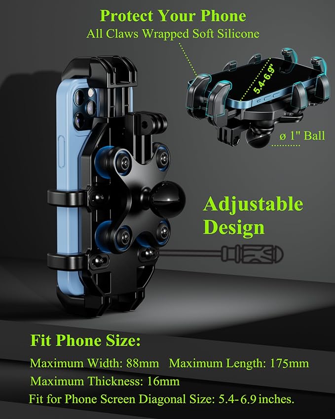 BRCOVAN Motorcycle Phone Mount Holder with Vibration Dampener, Anti-Shake Handlebar Cellphone Cradle for Bike Bicycle Scooter ATV, Adjustable Fit 5.4-6.9'' Smartphone