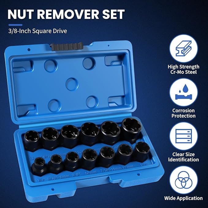 13-Piece Bolt Extractor Kit, Extractor Set for Stripped/Lug Nut Removal, 3/8" Drive Screw Extractor Socket Set, SAE & Metric
