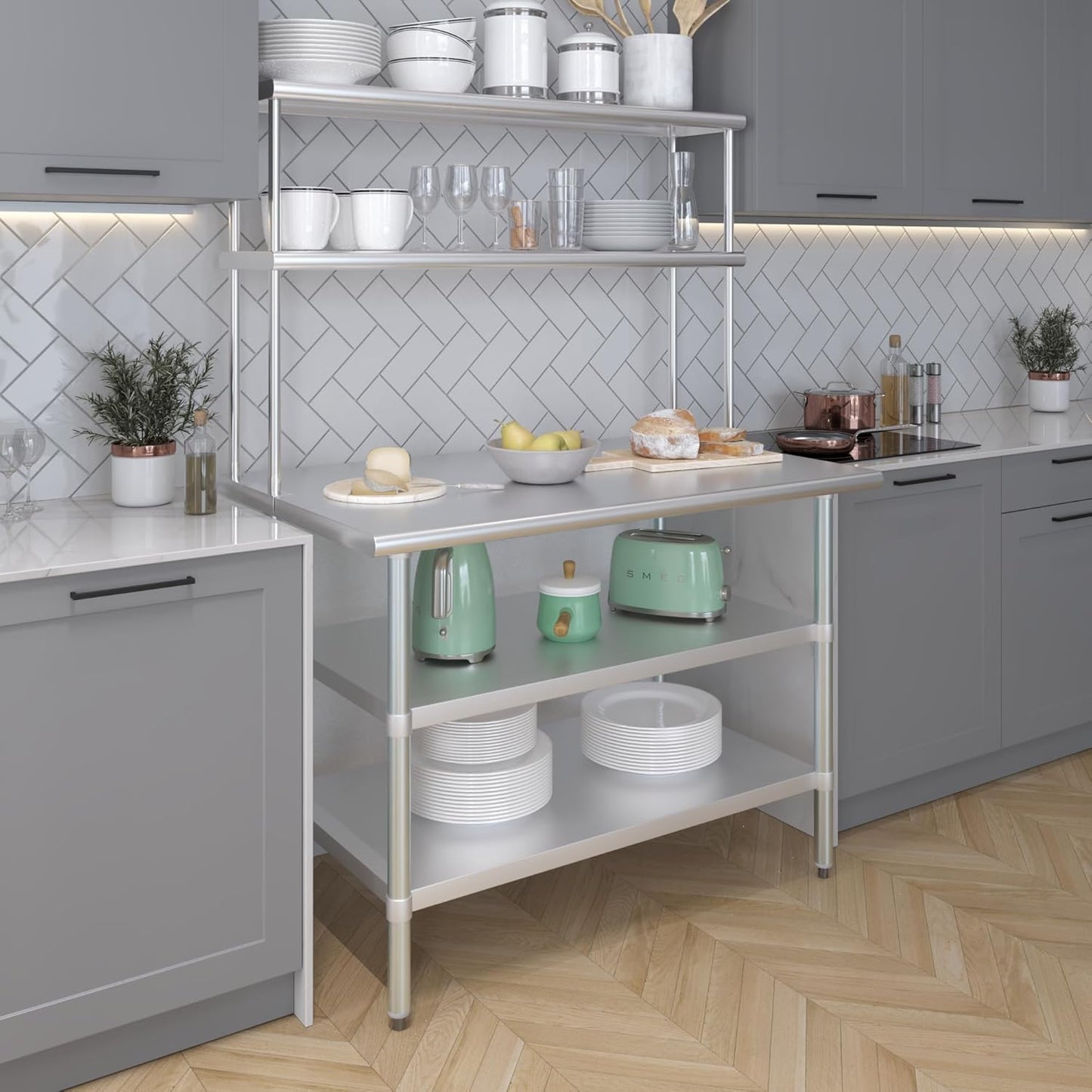 Amgood Stainless Steel Work Table with 2 Shelves | 30" x 48" Table with 2 Shelves + 12" Overshelf