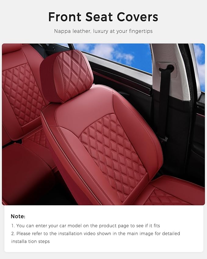 Huidasource Red Front Seat Cover, Nappa Leather Front Car Seat Cover, Side Elastic Fabric, Compatible with Airbags, Seat Belts, Universal Fit for Most Cars, Vans, Trucks, SUVs (Front Pair/Red)
