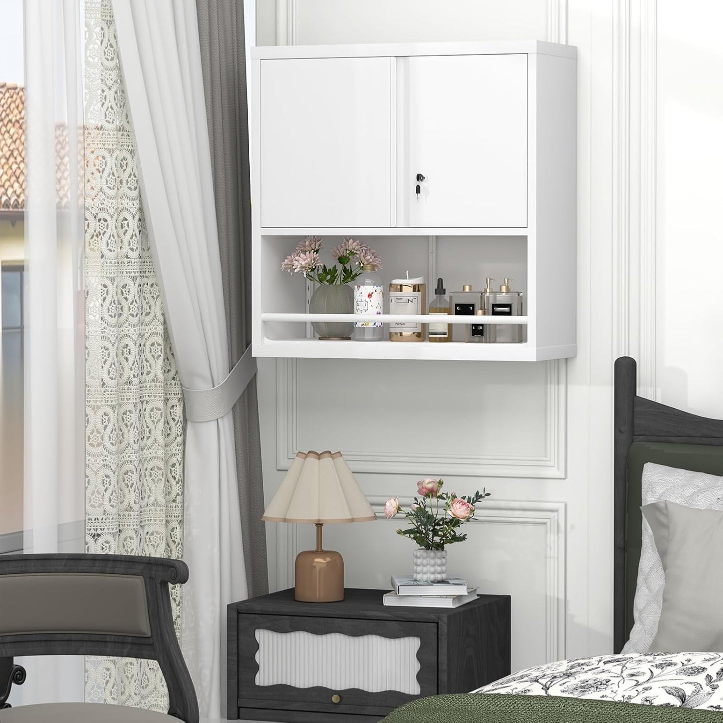 GREATMEET Locking Metal Garage Storage Cabinet with Doors and Shelves, 31" H Lockable Wall Cabinet Storage, White Steel Wall Mount Cabinet for Office