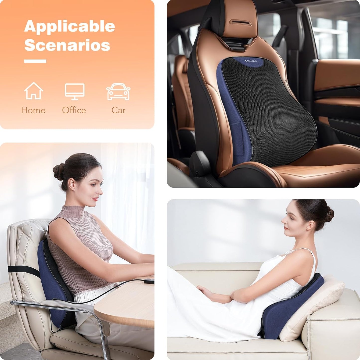 Lumbar Support Pillow for Office Chair, Heated Back Support Pillow with Vibration, Back Massage for Pain Relief, at Home Office Car Sofa, 3 Heating Levels & 4 Motors & 3 Intensities, Gifts