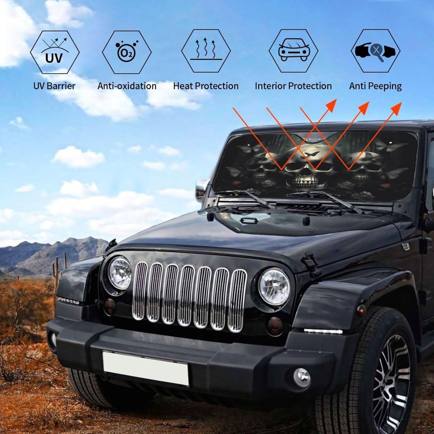 Skull Car Sun Shade Windshield Sunshade Foldable Front Window Shield Cover for Truck SUV