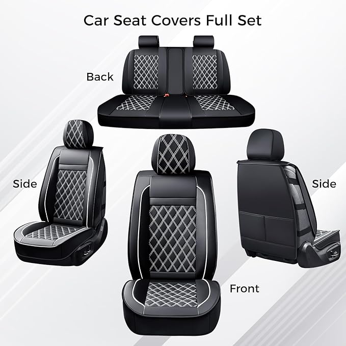 Huidasource Seat Cover 5 Layers, Car Seat Covers Full Set Faux Leather, Seat Covers for SUV, Side Open Design Airbag Pops Out, Front & Back Seats Fit for Most Cars Van Truck Etc(Full Set/Black&White)