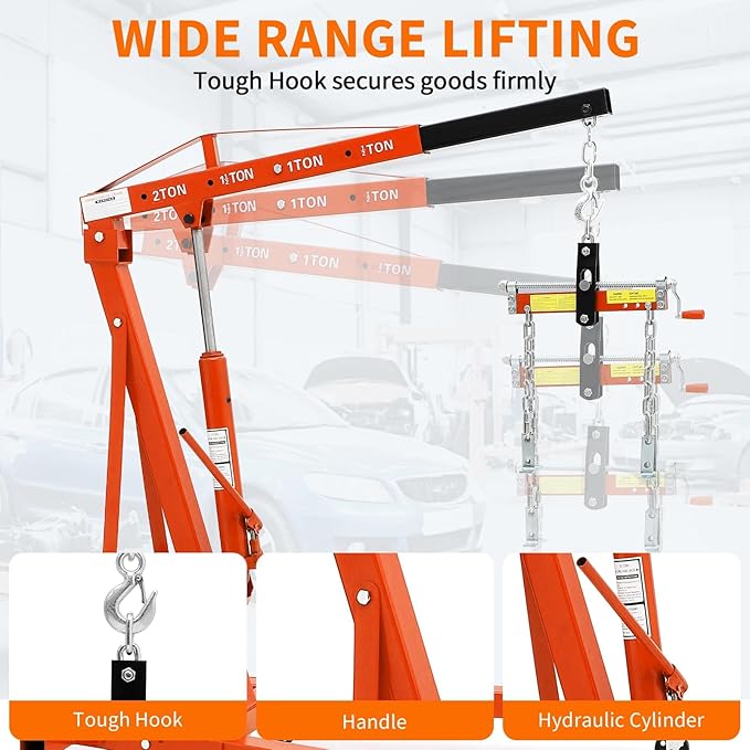 2 Ton Folding Hydraulic Engine Hoist with Load Leveler 4400 LBS Capacity Heavy Duty Cherry Picker 6 Swivel Wheels&Hydraulic Pump Adjustable Boom (0.5T-2T) for Garage Workshop Warehouse Orange