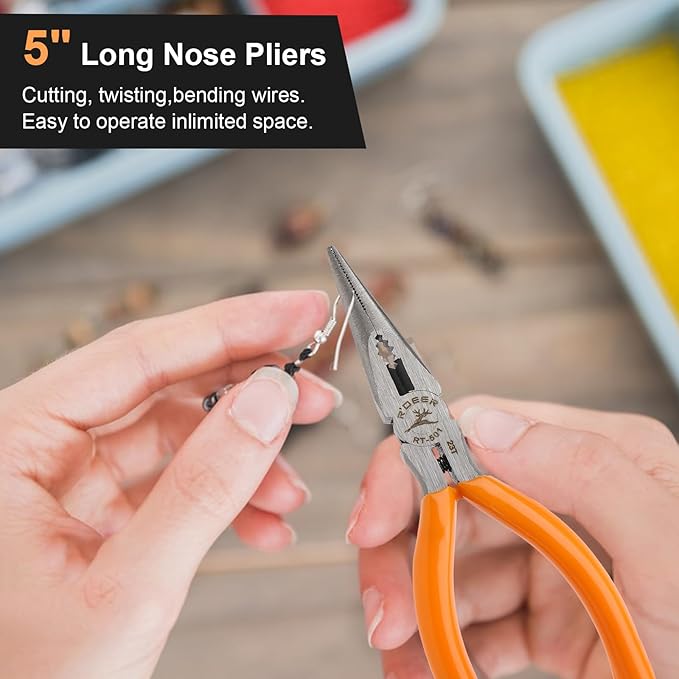 Rongon Spring-Loaded Needle Nose Pliers 4-Piece Set - 5 Inch Thin Tip Jewelry Tools with Non-Slip Grips | Professional Craft Pliers for Jewelry Making, DIY, Electronics & Wire Working (4 Pcs)
