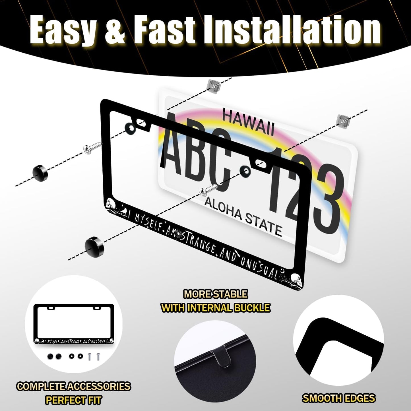 I Myself am Strange and Unusual License Plate Frame Personalise License Plate Holder Front and Rear Car Tags Stainless Steel Auto Parts Funny License Plate Men Women Decoration with Screws 12.2"x6.2"