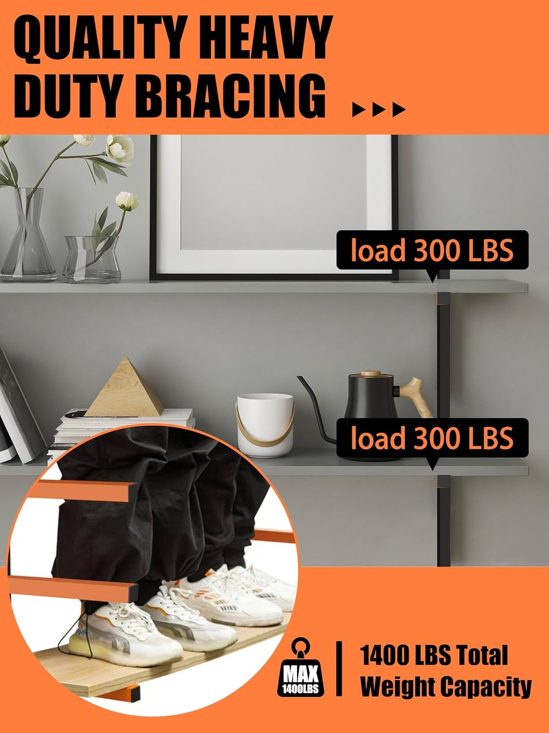 Caliee lumber Storage Rack Wall Mount, Heavy Duty Wood Storage Racks With 6-Level System Holds Up to 1400 lbs, Garage Shelf Wall Mount, Basement, Workshop, Rustproof & Space-Saving Design (4)