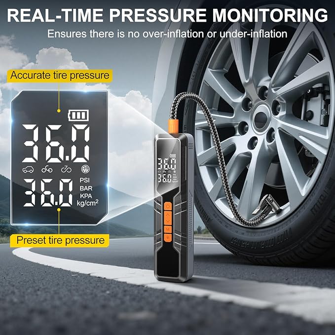 Tire Inflator Portable Air Compressor - 150PSI Cordless Air Pump for Car Tires, Portable Tire Inflator for Car, DC 12V Air Compressor with Pressure Gauge/LED Light for Auto/Bike/Motorcycle/Ball