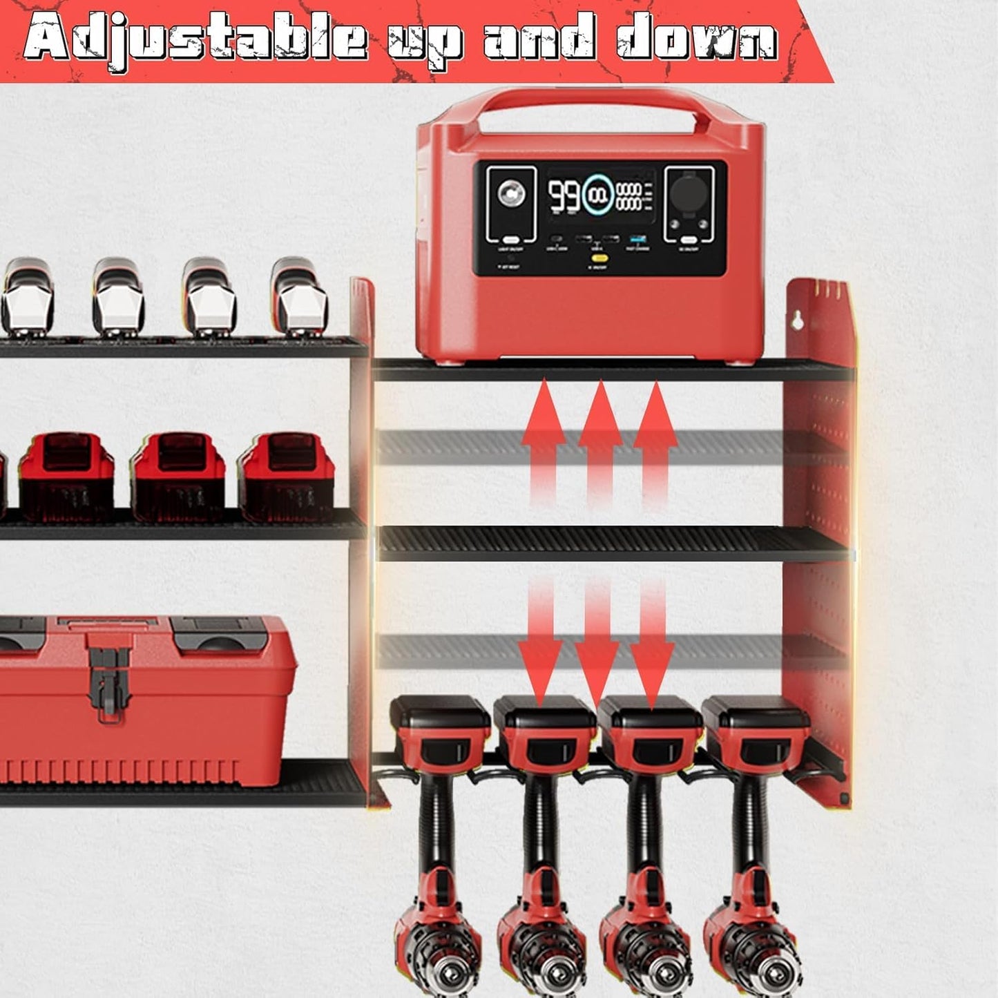 Power Tool Organizer with Charging Station Wall Mount, 3 Layer Expanded Heavy Duty Garage Organization, 45.5 Inch Length Garage Tool Storage, 8 Drills, 2 Assemble Method, Red