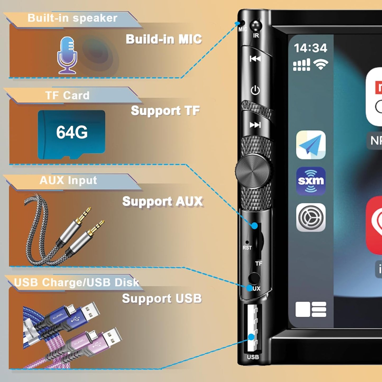 7 Inch Car Stereo with Wireless Apple CarPlay,Double Din Car Radio Androdi Auto,Bluetooth 5.2,IPS 1024 * 600 Display,FM Radio, Backup Camera,Online Navigation,178 * 100mm,Car Audio Receivers