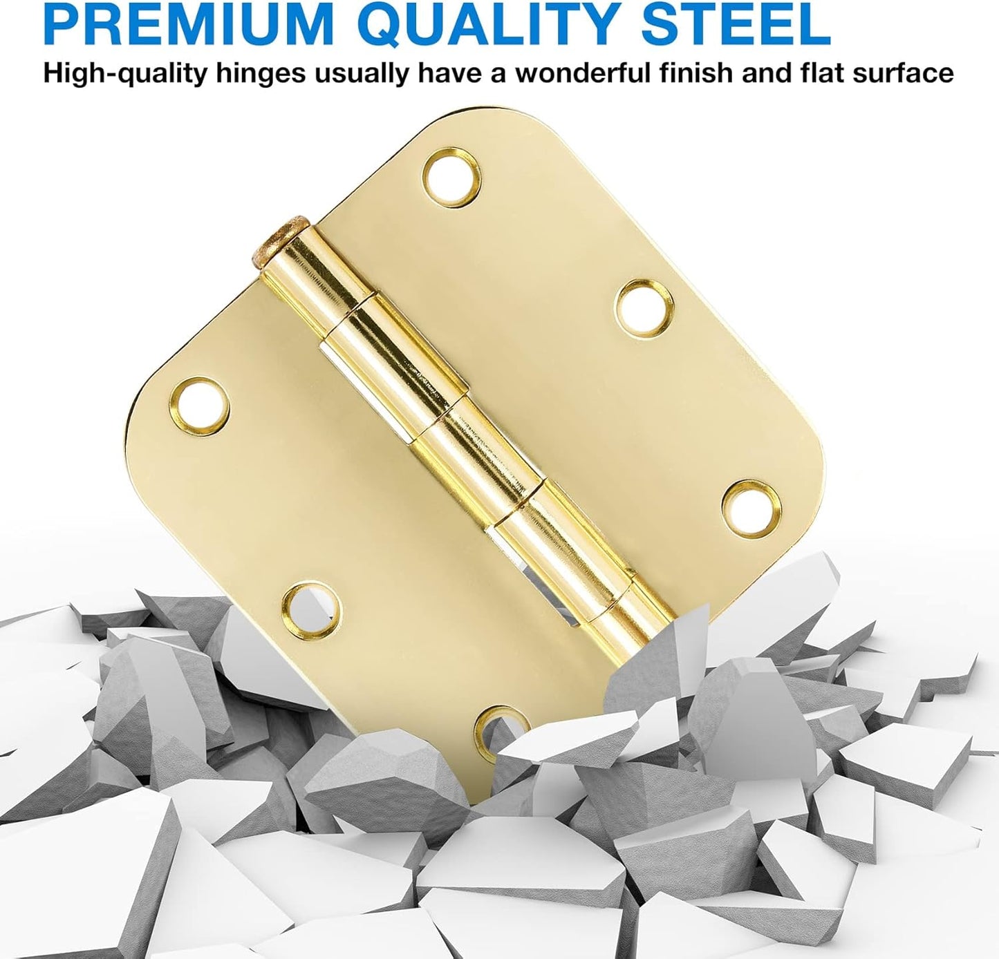 6 Pack Rounded Door Hinges 3.5 inch X 3-1/2" 5/8 Radius, Polished Brass 3 ½ Inch Gold Interior Standard Hinge for Bedroom Wood/French Style Clear Glass Doors Easy Install Hardware Decor Accessories