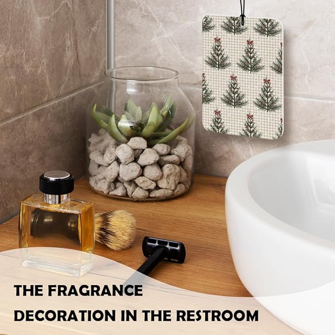 Vintage Plaid Christmas Car Air Freshener 3 Pcs, Red and Green Christmas Tree Poinsettia Reindeer Air Freshener Hanging Decor for Cars Closet Drawer Books Accessories Gifts