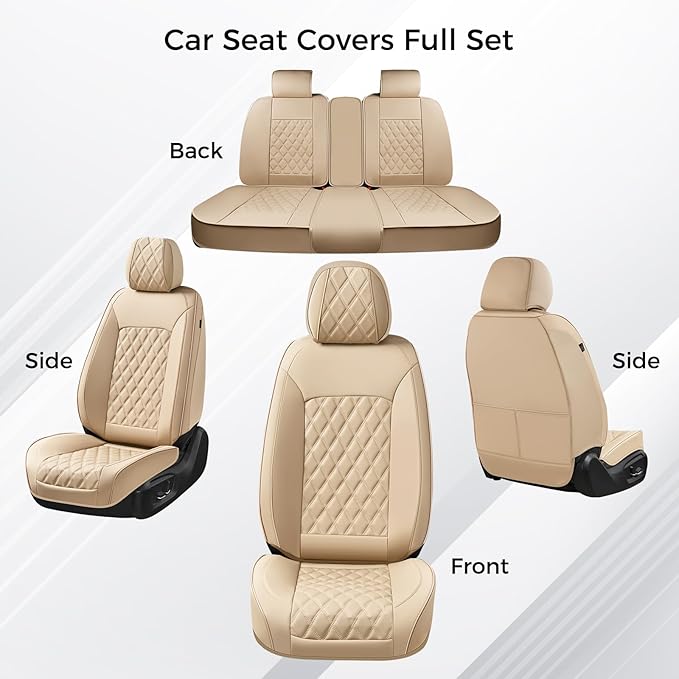 Huidasource Beige Seat Covers, Car Seat Covers Front & Split Rear Bench, Seat Covers Full Set, Nappa Leather Seat Cover Protector Universal Fit for Most Cars, Vans, Trucks, SUVs (Full Set/Beige)