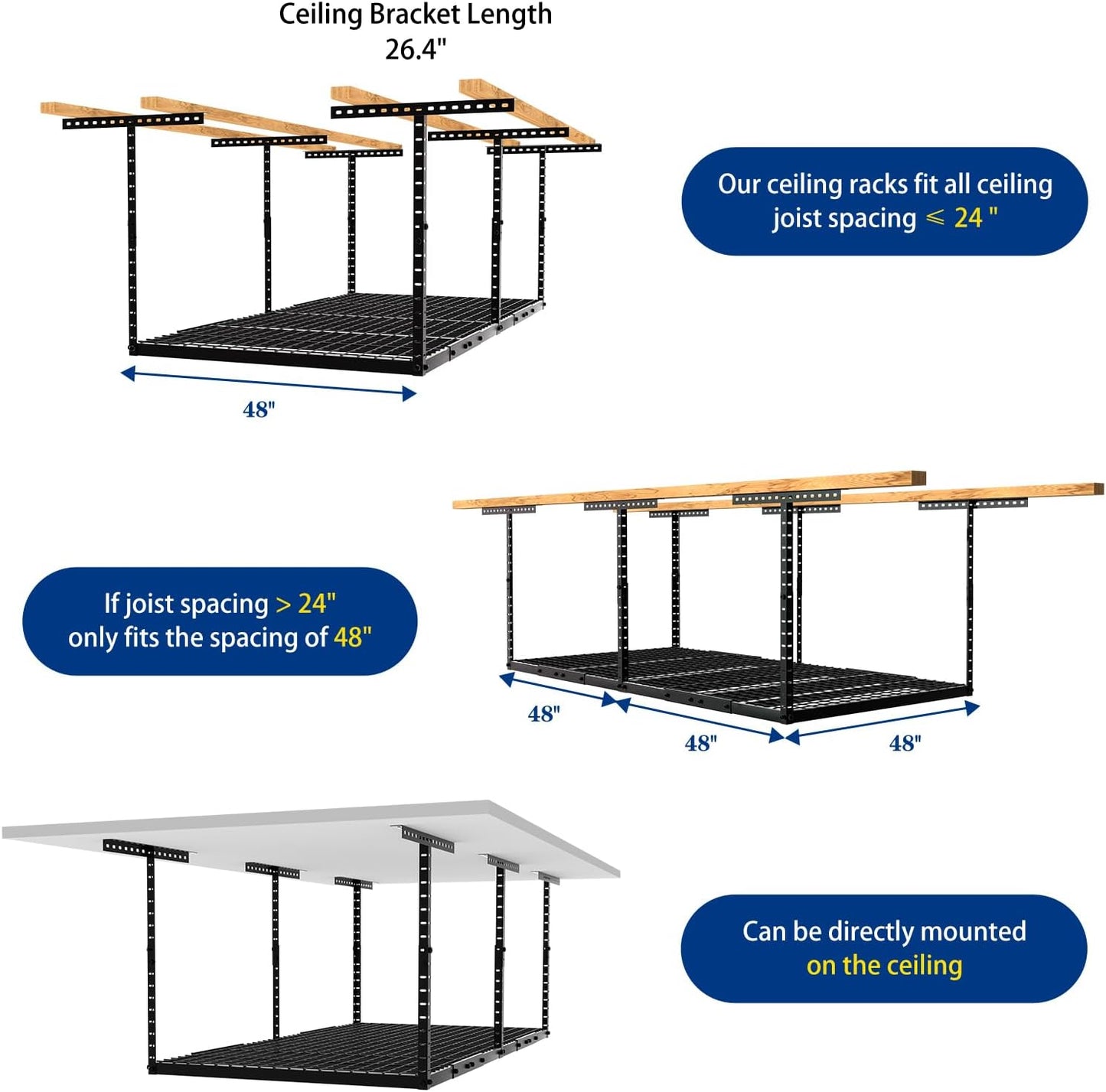 4x8 Overhead Garage Storage Rack with 4 Extra Hooks – Adjustable Heavy-Duty Ceiling Storage System (22"-40"), Holds 600 lbs, 22 lbs per Hook, Steel Hanging Organizer for Tools, Bins & Bikes | Black