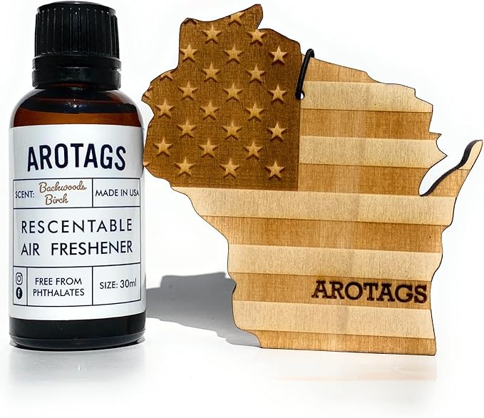 Arotags Car Air Freshener - Reusable Wood Diffuser - Hanging Odor Eliminator - Wisconsin Patriot - Balsam & Cedar Scent
