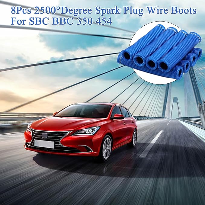 8Pcs 2500° Degree Spark Plug Wire Boots Heat Shield Protector Sleeve Cover Compatible with SBC BBC 350 454,6 Inch, Blue
